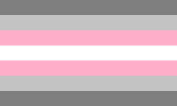 image description: a flag with seven stripes. from top to bottom they are: grey, light grey, pink, white, pink, light grey, grey