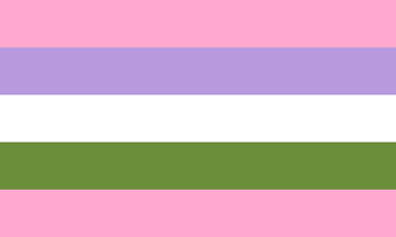 image description: a flag with five stripes. from top to bottom they are; pink, light purple, white, green, pink